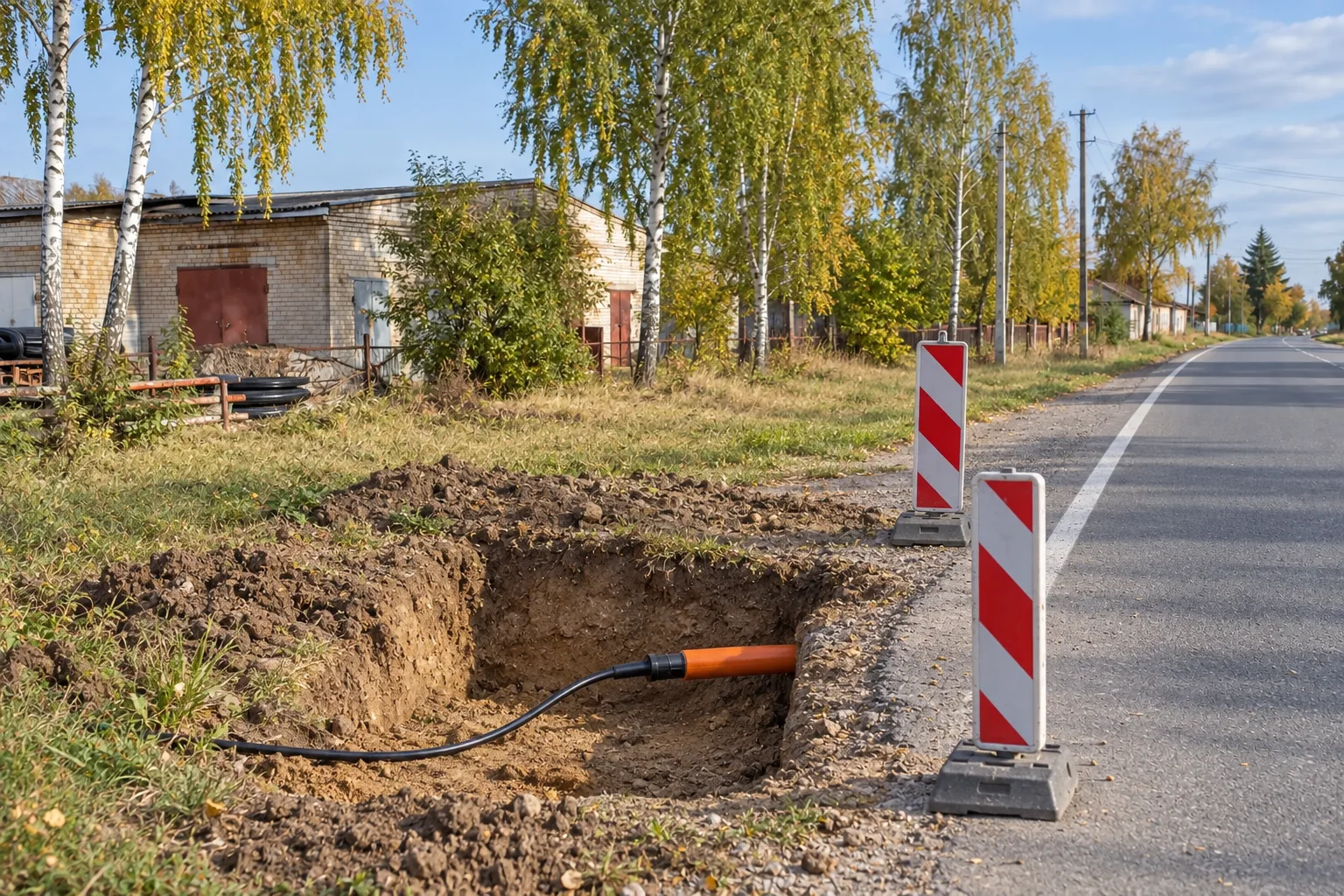 Защитная труба с оптическим кабелем на выходе подземного перехода под дорогой