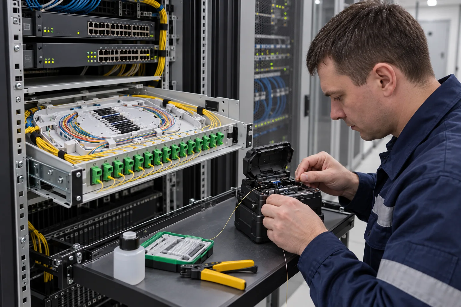 Монтажник выполняет сварку волокон у открытого оптического кросса в серверной